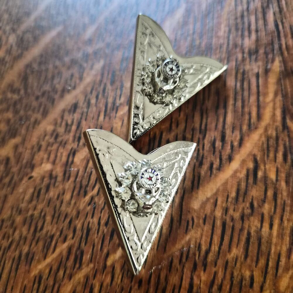 Vintage Western Gothic Steer Skull Collar Tips - Silver & Rhinestone